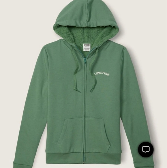 New VS PINK HOODIE JACKET SHERPA FULL ZIP GREEN - Picture 4 of 9